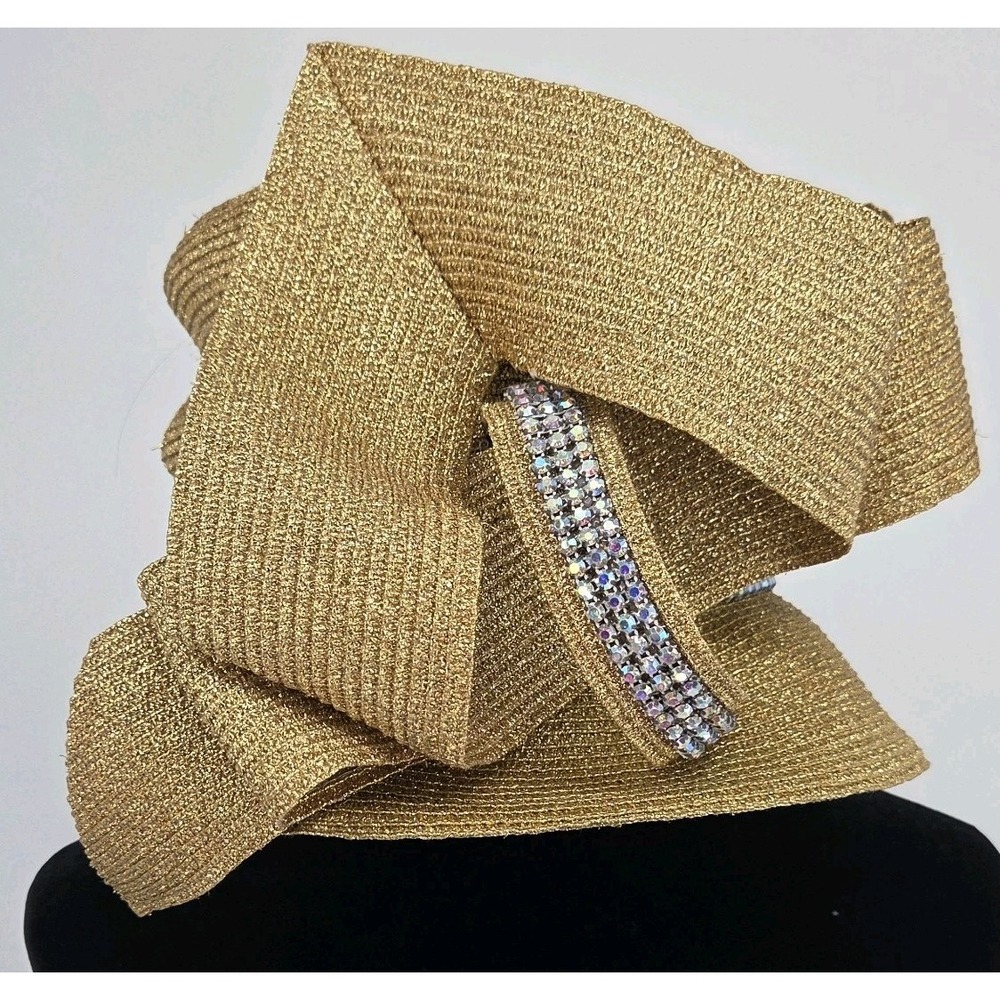 Brenda Waites Bolling Gold Lame Hat 3 Row Rhinestones Ribbon Bow Made In USA